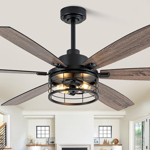 Image of 60 Inch Farmhouse Ceiling Fans with Lights Black Caged Rustic Industrial Chandelier Fans for Living Room Bedroom Quiet Reversible DC Motor 6 Speeds 6 Modern-Farmhouse Styles Dual-Finish Blade