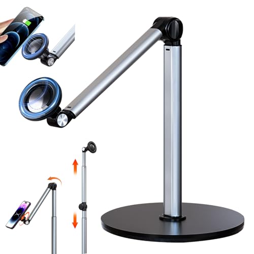 【2025年最新】スマホスタンド 卓上 マグネット 角度調整 寝ながら 360度回転 撮影 magsafe対応 高さ調整（29cm-84cm）伸縮性 折りたたみ 高さあり コンパクト マグセーフ対応 強力 アームスタンド スマホ撮影 片手操作 アルミ合金 広い可動域 省ベース iPhone/Android全機種対応 俯瞰/手元/動画撮影/ライブ配信 滑り止め落下防止 クリスマスプレゼント