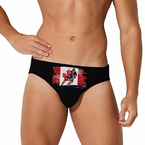 Hockey Player Canadian Flag Mens Swim Briefs Quick Dry Swimming Trunks Training Swimsuit Low Rise Swimwear