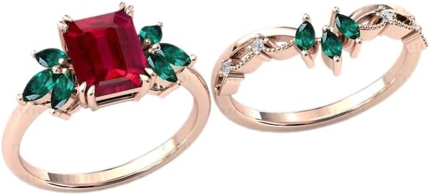 Generic Emerald Cut Ruby Engagement Ring Set For Women Ruby Wedding Ring Set Antique Ruby Bridal Promise Ring Set, red