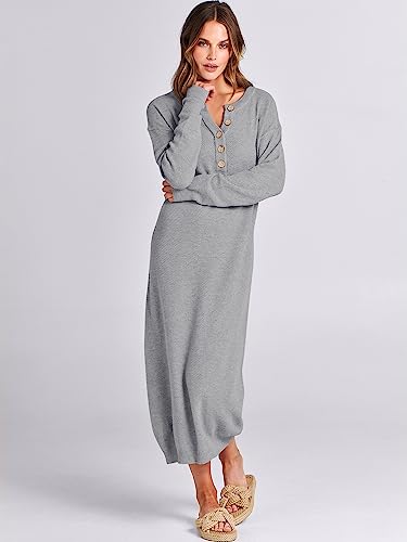 Image of ANRABESS Women Long Sleeve Button V Neck Oversized Casual Loose Fit Waffle Knit Fall Midi Sweater Dress 2026 Trendy Outfits