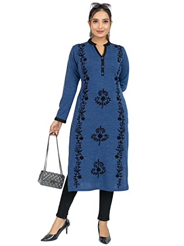 Image of Rosary Women's Winter Wear Embroidered Warm Woolen Straight Full Sleeve Kurti with Pockets Airforce Blue