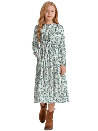 LaBeca Girls Elastic Crew Neck Ruffle Sleeve Rayon Woven Midi Belted Dress with Pocket Green Floral Fall 150Y