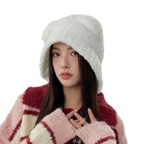 Crancious Gorro cálido con orejas de oso humano, gorro de felpa Y2K Adventure Time para mujer, cabeza y orejas completas., Blanco, Talla única