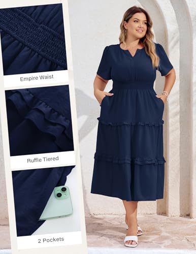Image of Hanna Nikole Women's Plus Size Summer Casual Dress 2025 V Neck Empire Waist Tiered Flowy Beach Vacation Dress with Pockets