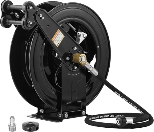HoldOneLight 16-Inch Auto-Retractable Pressure Washer Hose Reel, 50FT Heavy Duty Steel Power Washer Hose, Reel with Dual Arm 4000 PSI (Black)