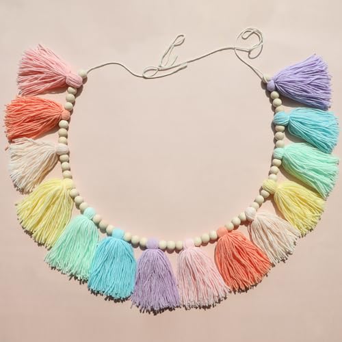 image for DCJHFJ Pastel Rainbow Boho Tassel Garland Wall Hanging with Wood Beads