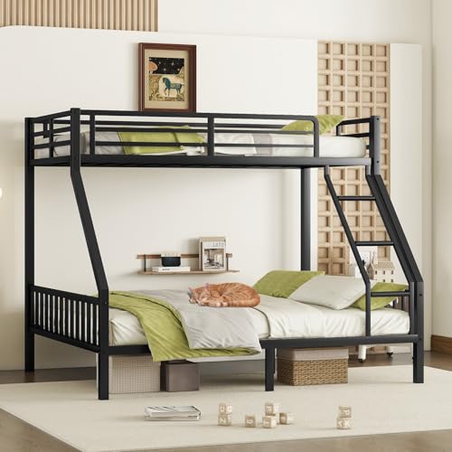 Cyranture Twin XL Over Queen Bunk Bed, Heavy Duty Bunk Beds with Ladder and Guardrail Metal Bunk Bed Frame for Adults Brothers Brothers Bedroom Dorm Small Space, Black