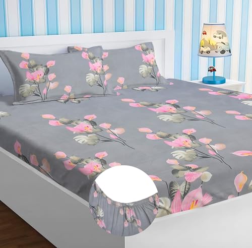 Image of HOMEKART Premium Cotton Elastic Fitted Bedsheets with 2 King Size Pillow Covers Double Bed with All Around Elastic Supersoft Size - 72 x 78 +10 inches Flower Print Pink and Grey 200 tc - 220 tc