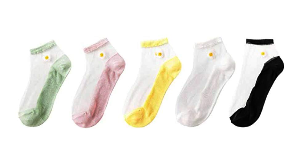 Women Sheer Transparent Lace Embroidery Panel Crystal Sparkly Socks 5 Pack
