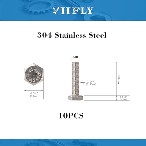 Image of M8x1.25 x 40mm Hex Head Screws Bolts, 304 Stainless Steel (A2-70), Bright Finish, Fully Threaded, Hexagon Head Bolts, Quantity 10