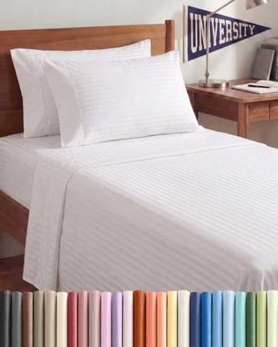 Image of Twin 4 Piece Bed Sheet Set - Breathable & Cooling Sheets - Striped White