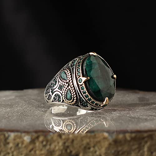Emerald Stone Men Silver Ring, 925 Sterling Silver Emerald Gemstone Ring, Handmade Engraved Turkish Silver Ring With Natural Emerald Stone, Gift For Men, Gift For Him #TOP2
