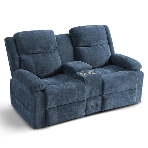 Consofa 2er Relaxsessel mit Liegefunktion, 2 Sitzer TV Sessel mit Konsole, Steckdose und Schublade, 2er Fernsehsessel Sofa mit Chenille-Optik für Wohnzimmer (Blau, 175 cm Zweisitzer)