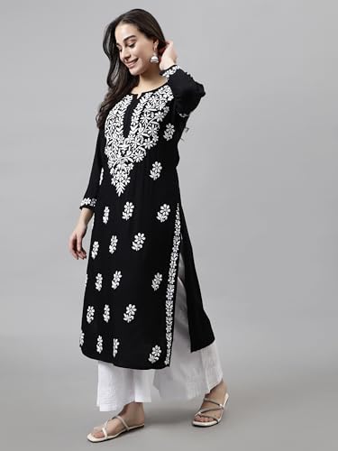 Image of Seva Chikan Hand Embroidered Lucknowi Chikankari Rayon Straight Kurta for Women SCL4532