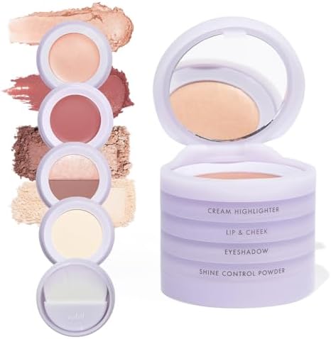 Subtl Beauty 4-in-1 Travel Makeup Kit by Subtl Staks - Eyeshadow Duo, Shine Control Powder, Cream Highlighter, Lip and Cheek - Includes Mirror Lid and Mini Brush - Stackable Makeup Designed for Travel