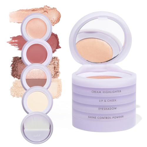 Subtl Beauty 4-in-1 Travel Makeup Kit by Subtl Staks - Eyeshadow Duo Shine Control Powder Cream Highlighter Lip and Cheek - Includes Mirror Lid and Mini Brush - Stackable Makeup Designed for Travel