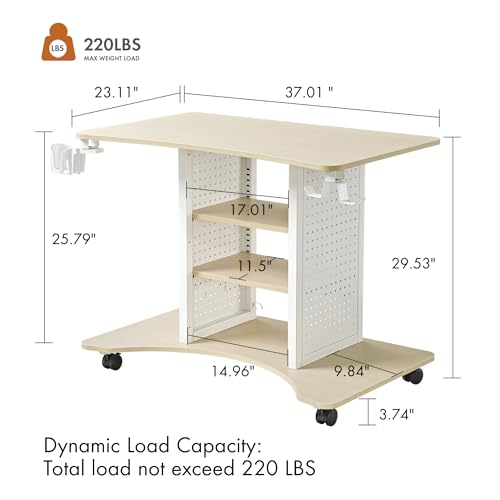 Image of EUREKA ERGONOMIC Gaming Desk Computer, 37 inch Rolling Desk on Wheels for Small Space, Mobile Computer Cart with Pegboards Adjustable Shelves for Gaming PS Switch, Craft Station, Home Office - Maple