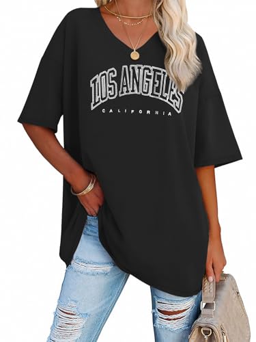 Image of ATHMILE Womens Oversized Shirts V Neck Plus Size Spring Workout Summer Tops Beach Vacation 2026 Gym Clothes Basic Tee