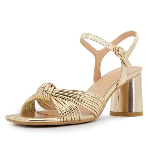 FINDVELL Sandálias femininas de salto grosso, tiras metálicas trançadas, quadradas, bico aberto, tira no tornozelo, salto bloco, Dourado, 41