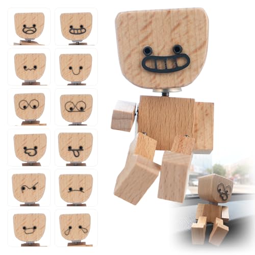 Foleto Shaking Feet Wooden Doll for Car Dashboard, Shaking Doll with 12PCS Magnetic Expressions, Handmade Shaking Wooden Man Figurine,Funny Wood Desk Decor for Home Office,Gift