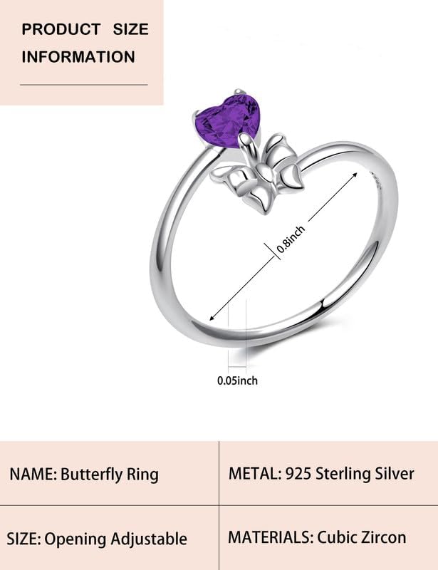 Miniatura 6 de Anillo abierto ajustable de plata de ley 925 maciza con diseño de mariposa y piedra natal, regalo de San Valentín, aniversario, cumpleaños, joyería