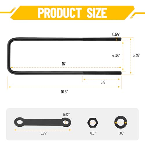 Image of 16 Inch Square Bend U-Bolt Kit for Truck Chassis | Heavy-Duty Steel Suspension Leaf Spring U Bolts with 6 Inch Tie Plates