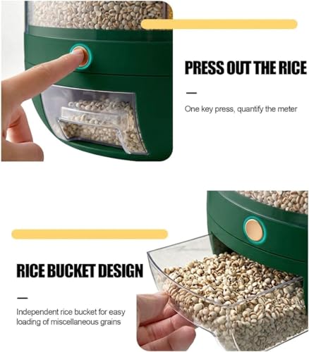 Image of YAGVIZ 6-Grid Rotating Food Dispenser - Rice Bucket Storage Tank, Cereal Dispenser, Stackable Containers, One-Click Rice Picking, Green