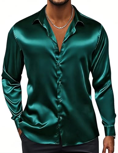 Image of Hi-Tie Men's Silk Satin Dress Shirts Long Sleeve Shiny Casual Button Up Shirts Luxury Party Disco Prom Wedding Shirt