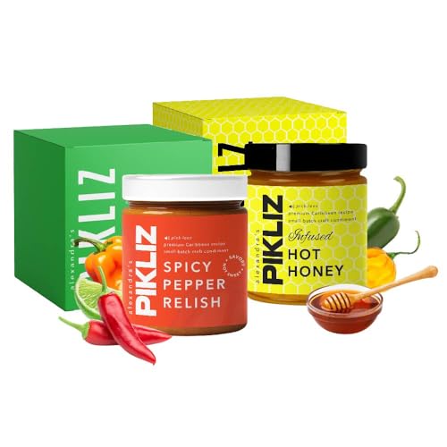 Alexandra’s Pikliz - Variety Pack | Caribbean Spicy Pepper Relish (8oz) & Infused Hot Honey (9.5oz) | Bold, Sweet Heat & Savory Flavor (Pack of 2)