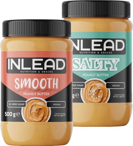 INLEAD - Peanut Butter | Mantequilla de cacahuete cremosa y sin azúcar, sin aceite de palma | Rica en proteínas | Aperitivo ideal para picar entre horas - 2x 500g (MIX - Smooth + Salty)