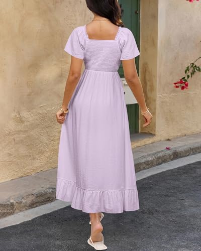 Image of BTFBM Womens Summer Dresses 2026 Casual Short Sleeve V Neck Drawstring Wedding Guest Maxi Dresses Boho Beach Long Dress