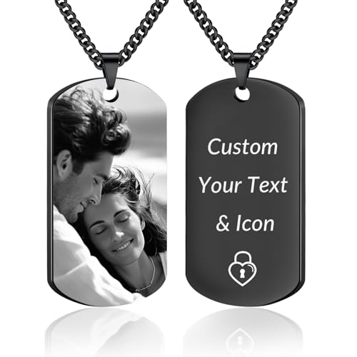 HINFKA Custom Picture Necklace for Men - Personalized Engraved Dog Tags Pendant with Photo or Text, Customized Memorial Gifts for Women