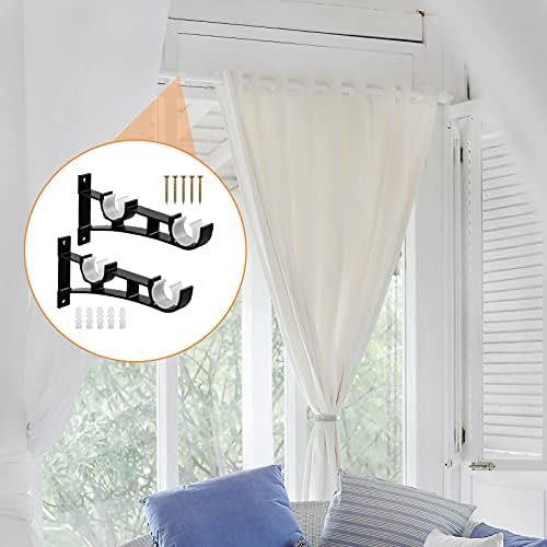2 Pcs Curtain Rod Brackets Set Double Curtain Rod Holder Hooks Heavy Duty Curtain Pole Bracket Holders Metal Curtain Rod Support with Screw for Curtain Poles Wall Clothes Rod Black, Hold Up to 50kg