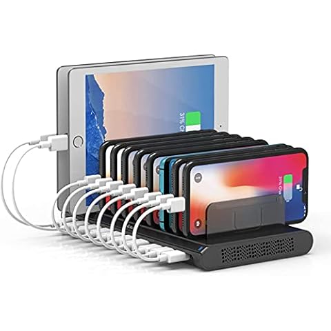 Alxum 10 Port USB Charging Station, 60W Mobile Charging Station with Multi-port USB Fast Charger Stand for Mobile Phone, Tablet, Black Tablet, Phone and More Cover