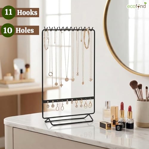 Image of ecofynd 2-Tier Metal Jewelry Organizer Stand with 11 Nail Hooks & 10 Earring Holes, Necklace Holder, Bracelet & Ring Storage Rack, Space-Saving Display for Vanity, Dressing Table & Home (Black,JS008)