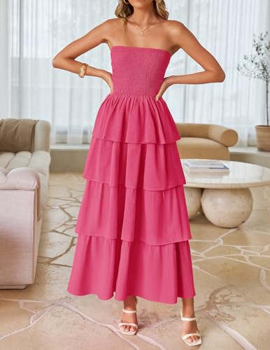 Image of ZESICA Women's Summer Boho Strapless Maxi Dress 2026 Casual Sleeveless Off Shoulder Smocked Tiered Beach Long Sundress