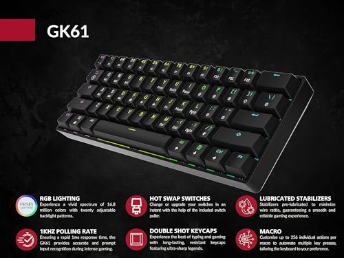 Image of GK61 Mechanical Gaming Keyboard - 61 Keys Multi Color RGB Illuminated LED Backlit Wired Programmable for PC /Mac Gamer (Gateron Mechanical Brown, Black)