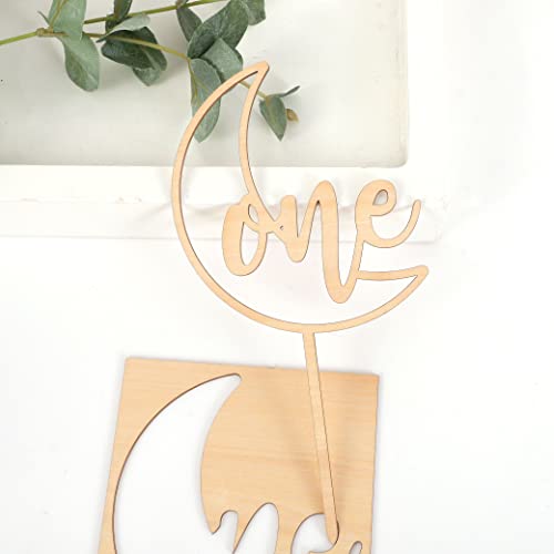 One Wooden Cake Topper - Baby First Birthday Rustic Laser Cut Wood Cake Decoration, Gender Neutral Baby Party, New Baby Moon Crescent, 1St Birthday Cake Topper #TOP7