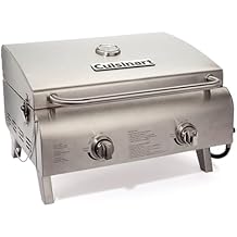 Cuisinart Chef's Style Tabletop Portable Propane Grill, 20,000 BTU Stainless Steel 2-Burner Outdoor Gas Grill for Camping,