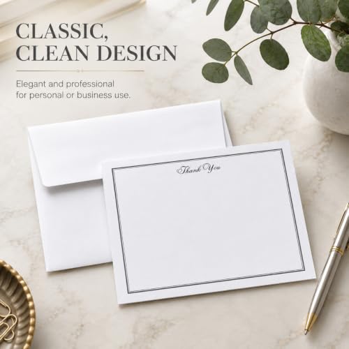 Image of 10 Thank You Note Cards & 10 White Envelopes, FLAT Thank You Stationery Set | For Men and Women, Blank Thank You Notes for Wedding, Baby Shower, Graduation, Classic Style