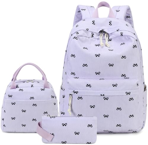 LEDAOU Mochila infantil para meninas com lancheira, conjunto leve de mochila para livros do ensino fundamental, mochila de 8 a 14 anos, Laço roxo, Large, Escola