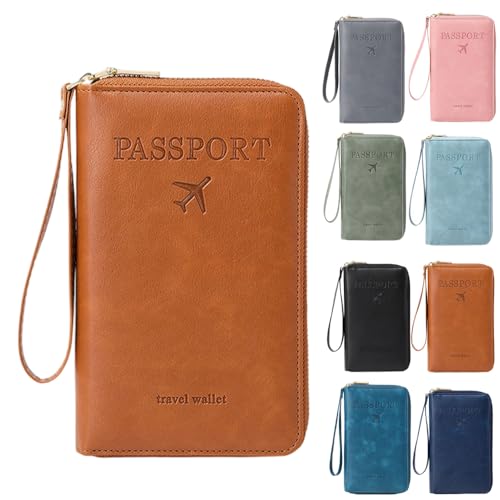 RFID Passport Holder for Wallet,RFID Blocking Document Organizer Clutch Bag, Credit Cards Case Cover Travel Wallet (Brown)