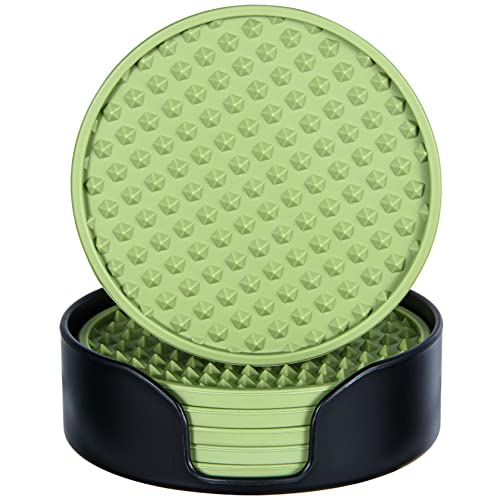 Rubber Coasters Set 6 with Holder, Non-Slip Silicone Drink Coaster Cup Mats