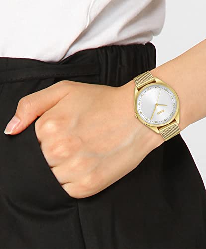 Image of BOSS Steer Qtz Basic Calendar Carnation Gold Tonneau Dial Women's Watch|Stainless Steel Material|Silver Color Band - 1502670