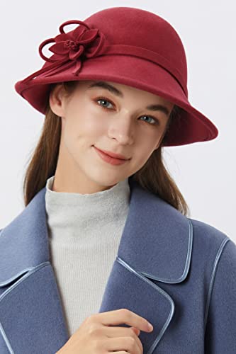 Babeyond Womens 1920S Bucket Hat Winter Wool Crushable Bowler Hat Vintage Cloche Round Hat With Floral Accent (Wine Red) #TOP2