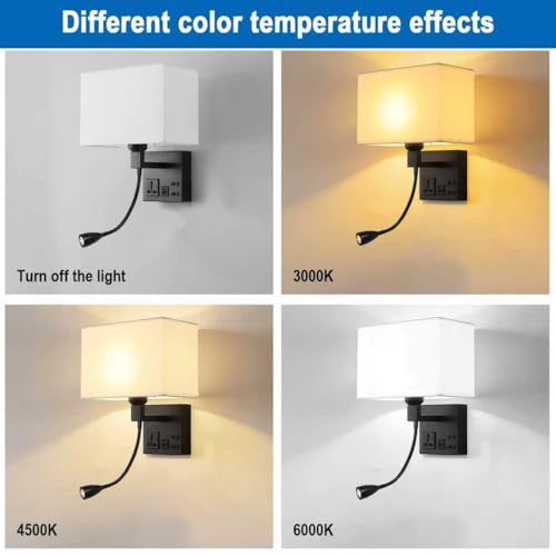Image of Plug in Wall Sconce, Bedside Wall Lamp for Bedroom with AC Outlet & USBA+C Charging Port, Wall Mounted Reading Light with 360Adjustable, Black Headboard Lamps with 3 Color Temperature