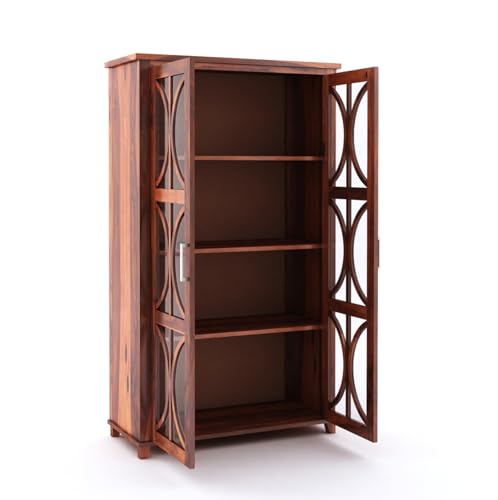 Image of SONA ART & CRAFTS Sheesham Wooden Crockery Cabinets with Glass Door | Wooden Showcase Almirah | Solid Wood Book Shelf Crockery Unit for Kitchen Living Room (Honey Finish-CC04)