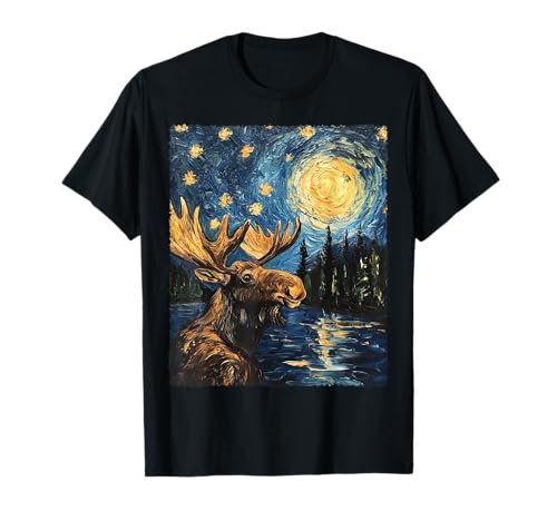 Painting Van Gogh Starry Night Moose T-Shirt