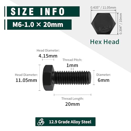 Image of M6-1.0 x 20mm Hex Bolts, 12.9 Grade Alloy Steel, Black Oxide Finish, Full Thread, Coarse Thread UNC, Hexagon Head Bolts 25 PCS